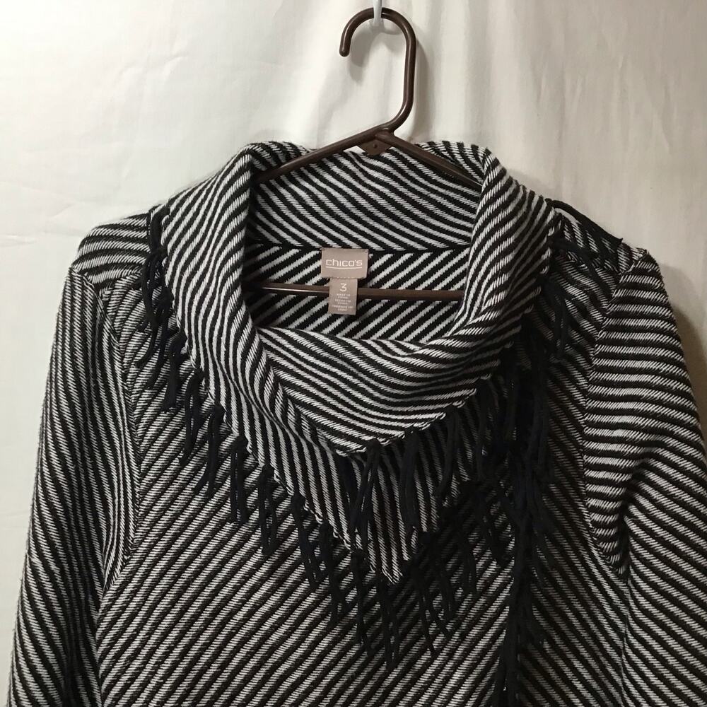 Chico's Black & White Stripe Western Boho Fringe Cardigan sweater 3 XL - Picture 4 of 8